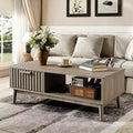 39.4 Coffee Table, Mid Century Modern Coffee Table with 1 Storage Drawer, Open Shelf & Wooden Legs, 2-Tier Fluted Center Table for Living Room