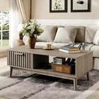 39.4 Coffee Table, Mid Century Modern Coffee Table with 1 Storage Drawer, Open Shelf & Wooden Legs, 2-Tier Fluted Center Table for Living Room
