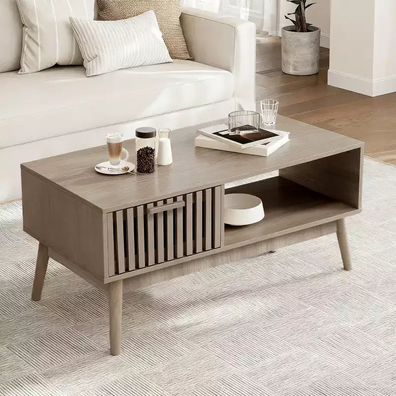 Tavolino da Caffè Rettangolare Grigio con Cassetto e Ripiano Aperto, Stile Mid-Century a 4 Gambe