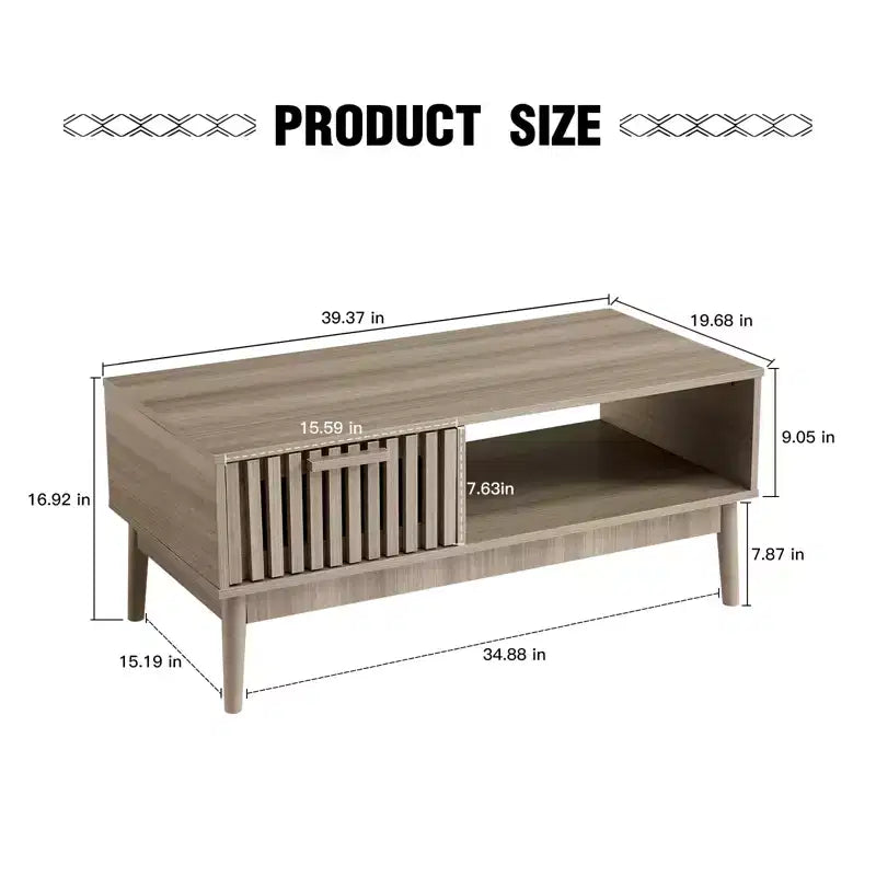 Tavolino da Caffè Rettangolare Grigio con Cassetto e Ripiano Aperto, Stile Mid-Century a 4 Gambe