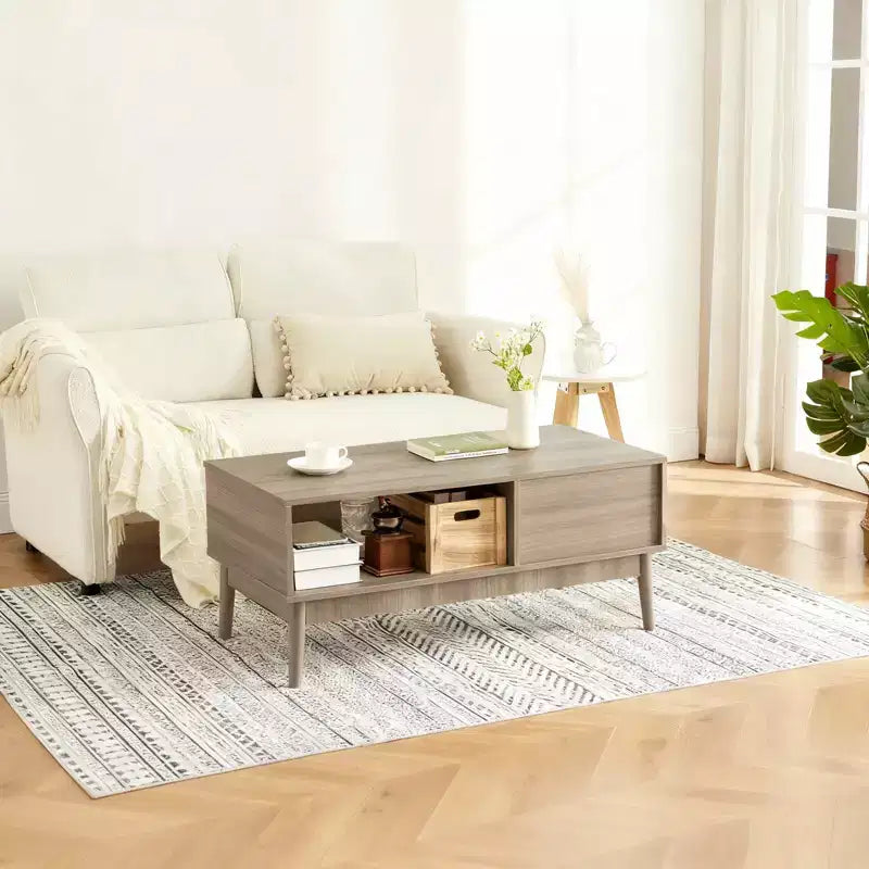 Tavolino da Caffè Rettangolare Grigio con Cassetto e Ripiano Aperto, Stile Mid-Century a 4 Gambe