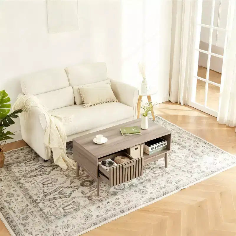 Tavolino da Caffè Rettangolare Grigio con Cassetto e Ripiano Aperto, Stile Mid-Century a 4 Gambe
