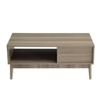 Tavolino da Caffè Rettangolare Grigio con Cassetto e Ripiano Aperto, Stile Mid-Century a 4 Gambe