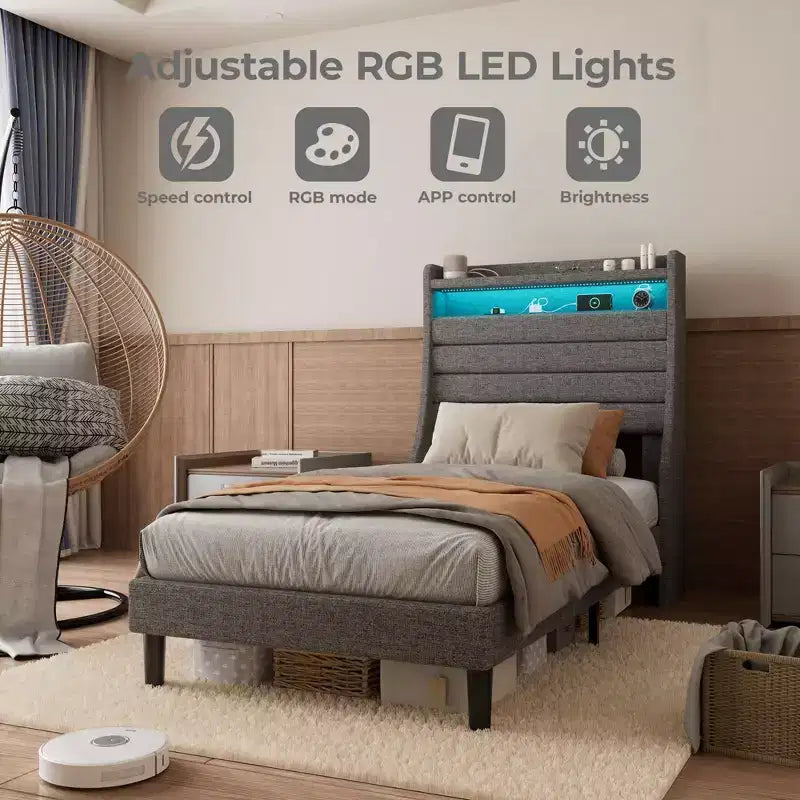 Bed Frame with Upholstered Headboard & Platform Base, Charging Station, LED Lights, Sturdy Wood Slat Support, No Box Spring Needed