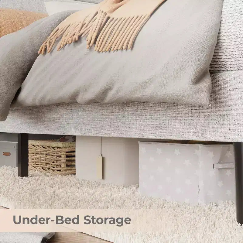 Struttura letto imbottita con piattaforma beige/grigio con LED e ricarica – Matrimoniale/Queen, 1-2 persone