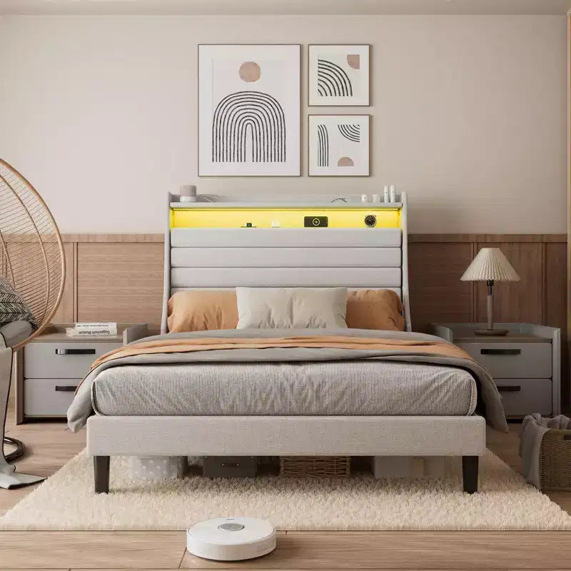 Struttura letto imbottita con piattaforma beige/grigio con LED e ricarica – Matrimoniale/Queen, 1-2 persone