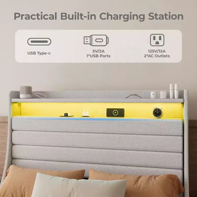 Struttura letto imbottita con piattaforma beige/grigio con LED e ricarica – Matrimoniale/Queen, 1-2 persone