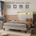 Struttura letto imbottita con piattaforma beige/grigio con LED e ricarica – Matrimoniale/Queen, 1-2 persone