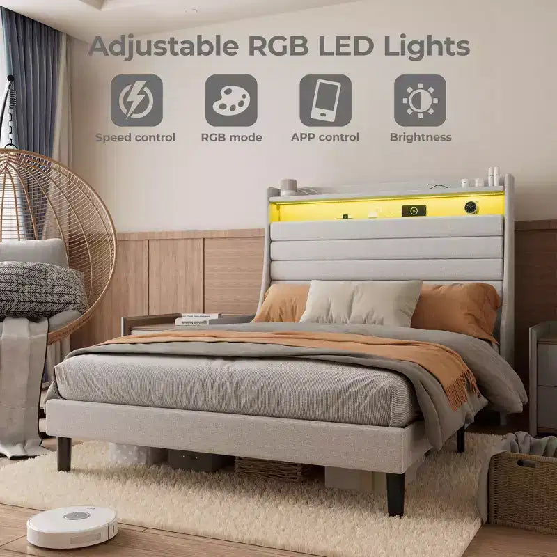 Struttura letto imbottita con piattaforma beige/grigio con LED e ricarica – Matrimoniale/Queen, 1-2 persone