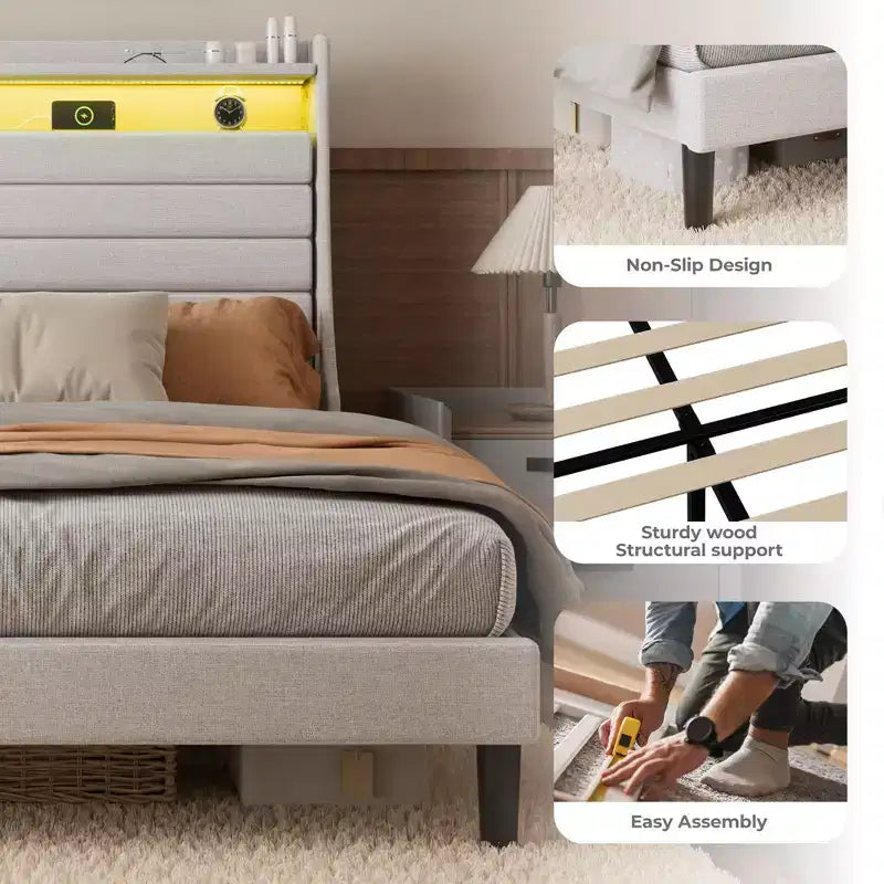 Struttura letto imbottita con piattaforma beige/grigio con LED e ricarica – Matrimoniale/Queen, 1-2 persone