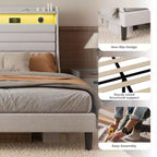 Struttura letto imbottita con piattaforma beige/grigio con LED e ricarica – Matrimoniale/Queen, 1-2 persone