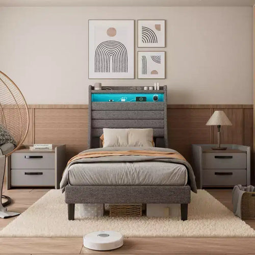 Struttura letto imbottita con piattaforma beige/grigio con LED e ricarica – Matrimoniale/Queen, 1-2 persone