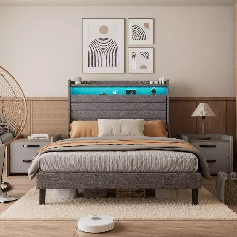 Struttura letto imbottita con piattaforma beige/grigio con LED e ricarica – Matrimoniale/Queen, 1-2 persone
