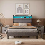 Struttura letto imbottita con piattaforma beige/grigio con LED e ricarica – Matrimoniale/Queen, 1-2 persone