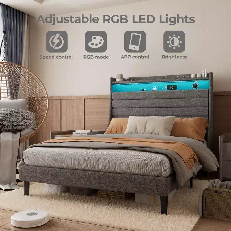 Struttura letto imbottita con piattaforma beige/grigio con LED e ricarica – Matrimoniale/Queen, 1-2 persone
