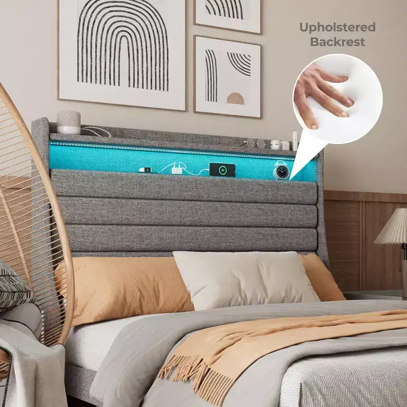 Struttura letto imbottita con piattaforma beige/grigio con LED e ricarica – Matrimoniale/Queen, 1-2 persone