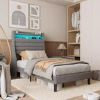 Struttura letto imbottita con piattaforma beige/grigio con LED e ricarica – Matrimoniale/Queen, 1-2 persone