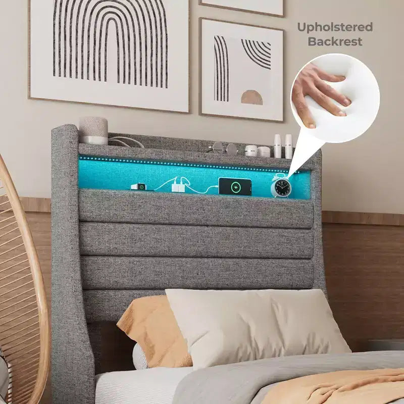 Struttura letto imbottita con piattaforma beige/grigio con LED e ricarica – Matrimoniale/Queen, 1-2 persone