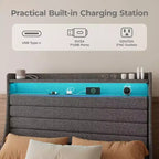 Struttura letto imbottita con piattaforma beige/grigio con LED e ricarica – Matrimoniale/Queen, 1-2 persone