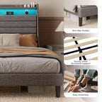Struttura letto imbottita con piattaforma beige/grigio con LED e ricarica – Matrimoniale/Queen, 1-2 persone
