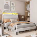 Struttura letto imbottita con piattaforma beige/grigio con LED e ricarica – Matrimoniale/Queen, 1-2 persone