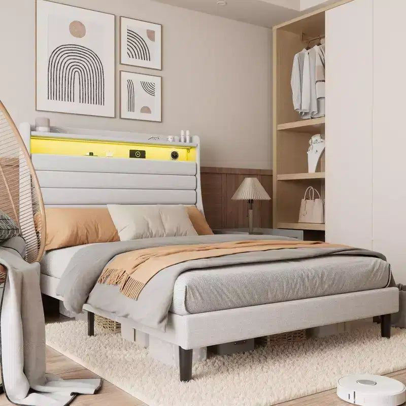 Struttura letto imbottita con piattaforma beige/grigio con LED e ricarica – Matrimoniale/Queen, 1-2 persone