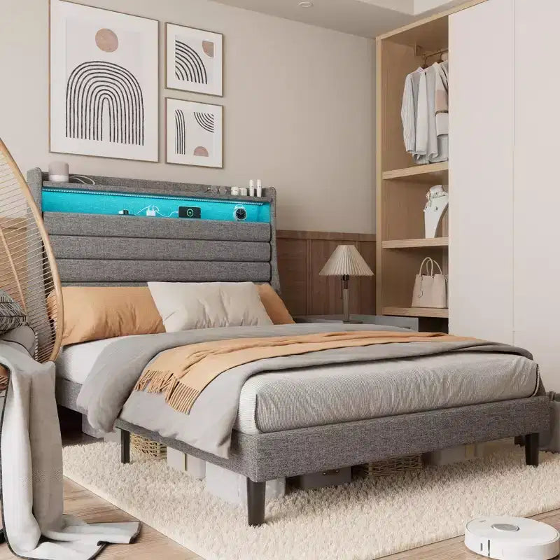 Struttura letto imbottita con piattaforma beige/grigio con LED e ricarica – Matrimoniale/Queen, 1-2 persone