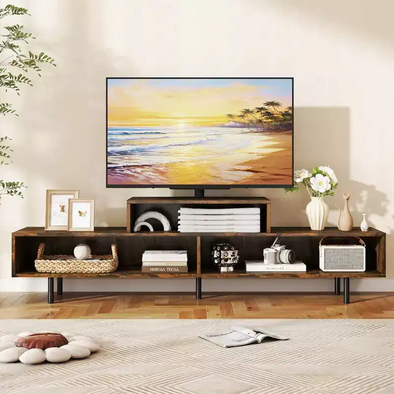 Mobile TV a 3 scomparti per TV fino a 70", Consolle aperta, Nero/Marrone rustico/Bianco