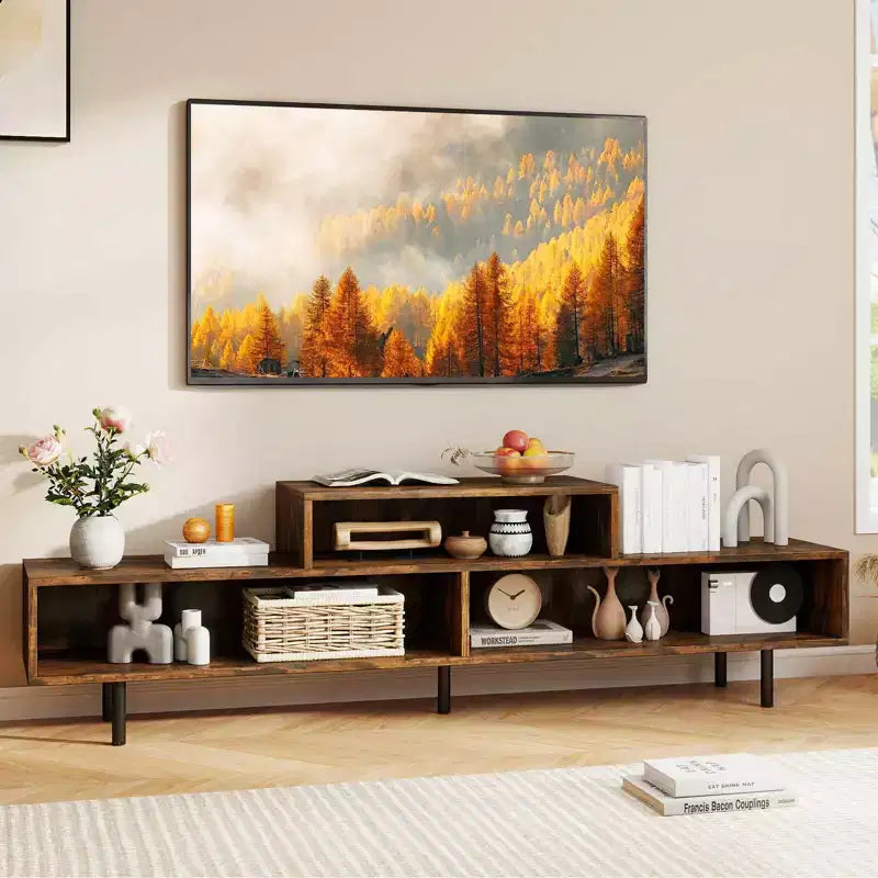 Mobile TV a 3 scomparti per TV fino a 70", Consolle aperta, Nero/Marrone rustico/Bianco