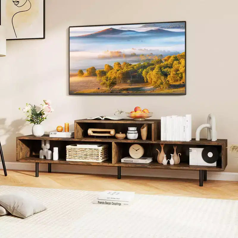 Mobile TV a 3 scomparti per TV fino a 70", Consolle aperta, Nero/Marrone rustico/Bianco