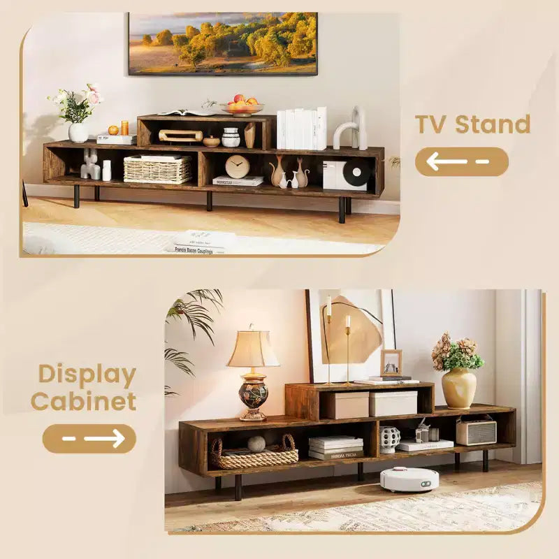 Mobile TV a 3 scomparti per TV fino a 70", Consolle aperta, Nero/Marrone rustico/Bianco