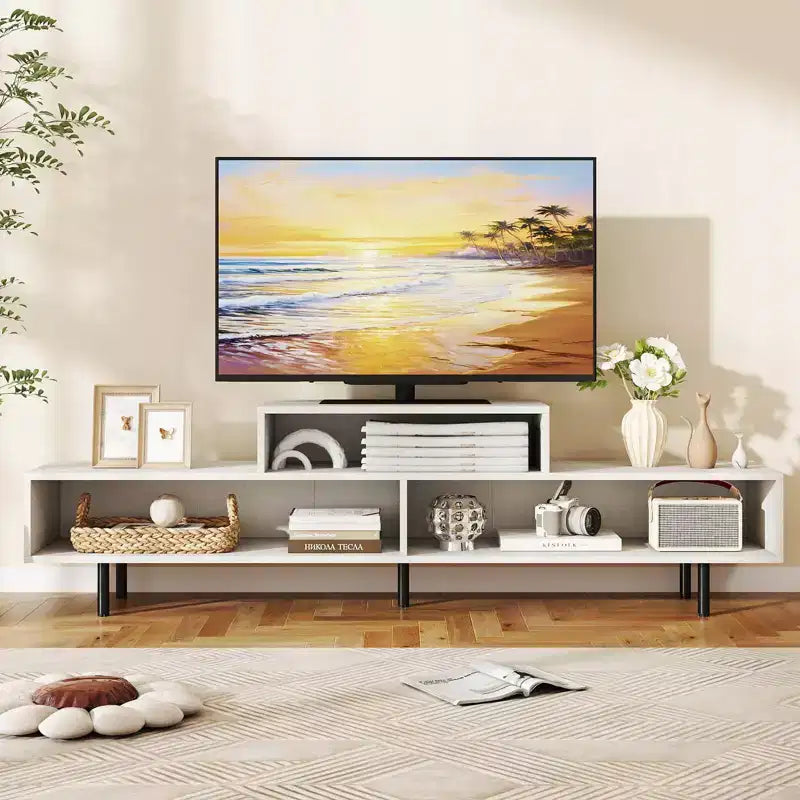 Mobile TV a 3 scomparti per TV fino a 70", Consolle aperta, Nero/Marrone rustico/Bianco