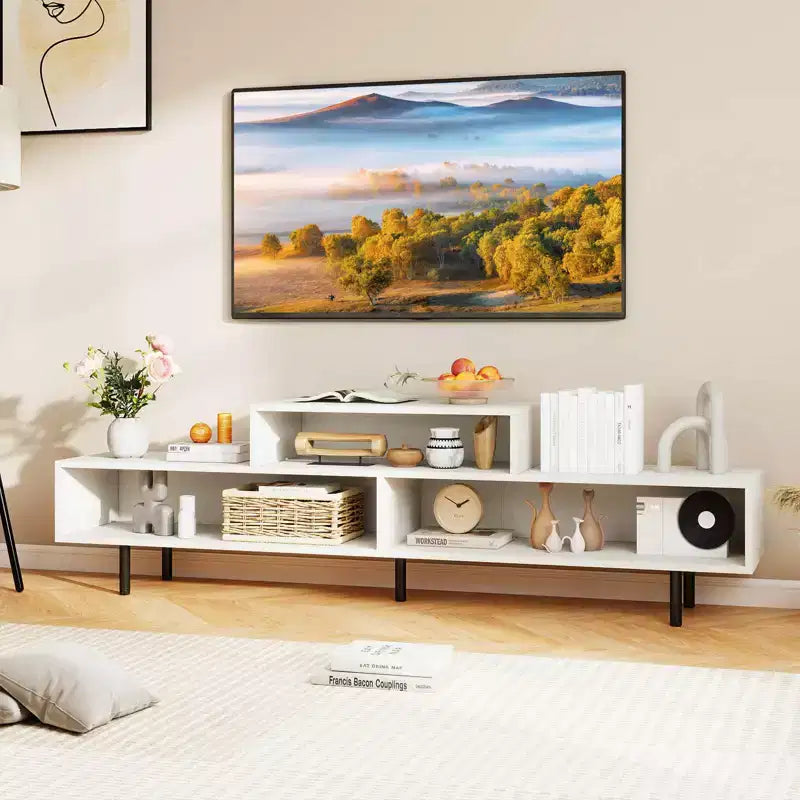 Mobile TV a 3 scomparti per TV fino a 70", Consolle aperta, Nero/Marrone rustico/Bianco