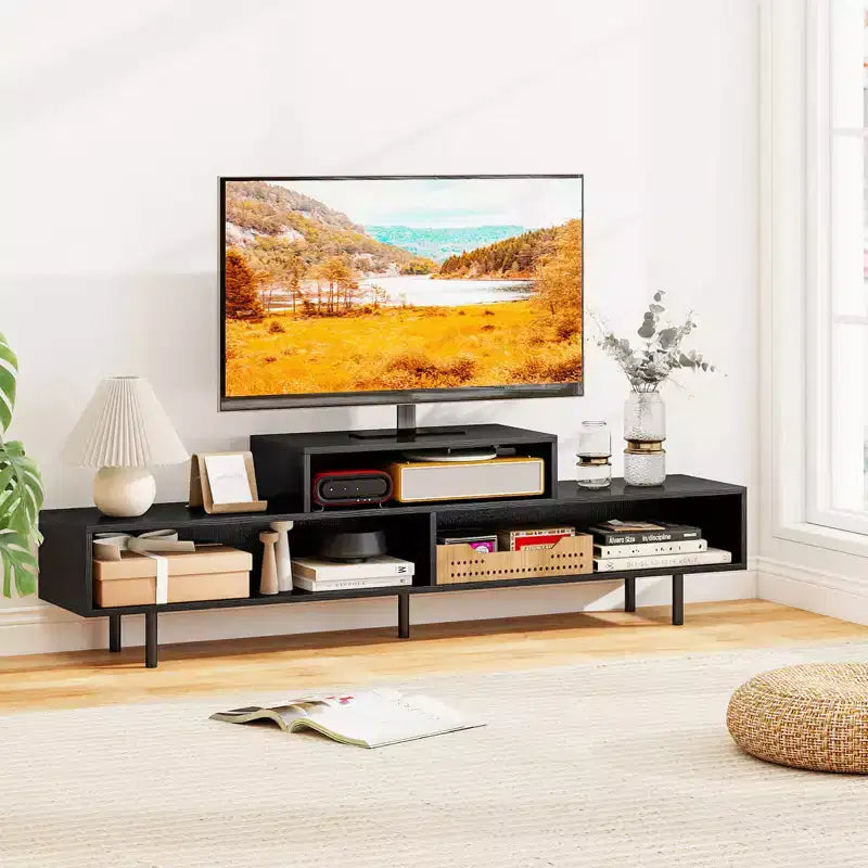 Mobile TV a 3 scomparti per TV fino a 70", Consolle aperta, Nero/Marrone rustico/Bianco