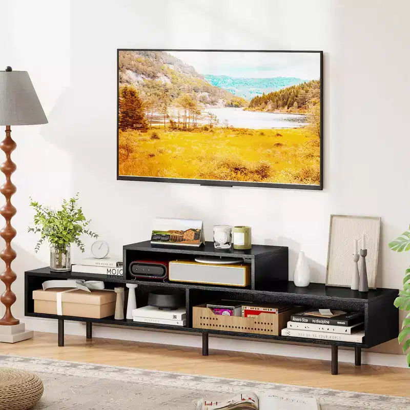 Mobile TV a 3 scomparti per TV fino a 70", Consolle aperta, Nero/Marrone rustico/Bianco