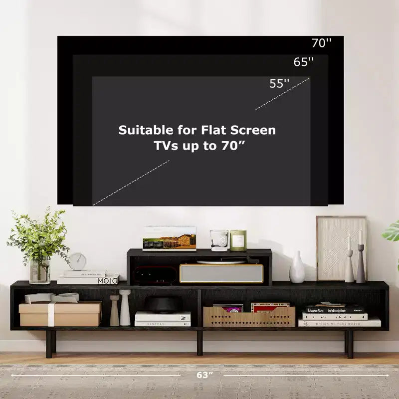 Mobile TV a 3 scomparti per TV fino a 70", Consolle aperta, Nero/Marrone rustico/Bianco