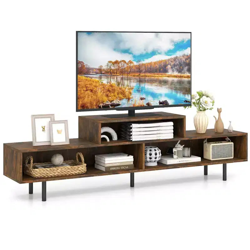 Mobile TV a 3 scomparti per TV fino a 70", Consolle aperta, Nero/Marrone rustico/Bianco