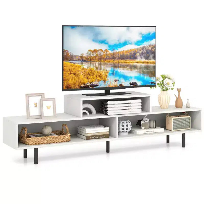 Mobile TV a 3 scomparti per TV fino a 70", Consolle aperta, Nero/Marrone rustico/Bianco