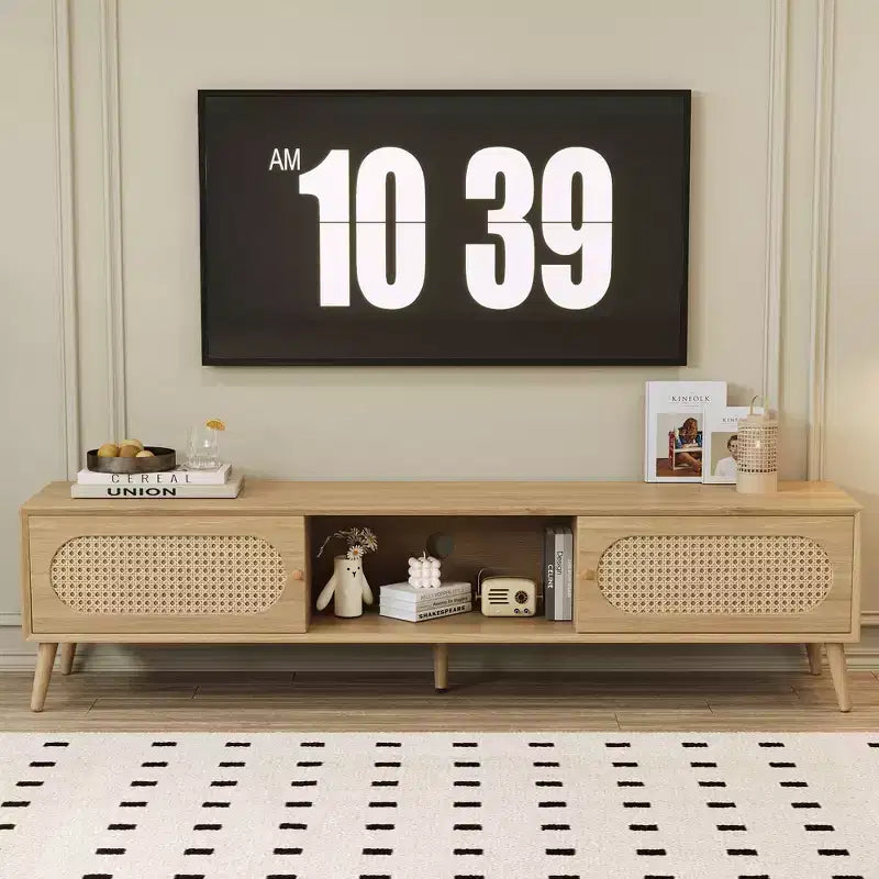 Clihome Boho TV Stand for TVs up to 80'' , Modern Farmhouse Media Console, Entertainment Center with Solid Wood Legs, TV Cabinet for Living Room
