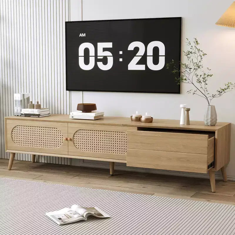 Mobile TV marrone in rattan in stile rustico per TV fino a 80", assemblaggio per 1 persona