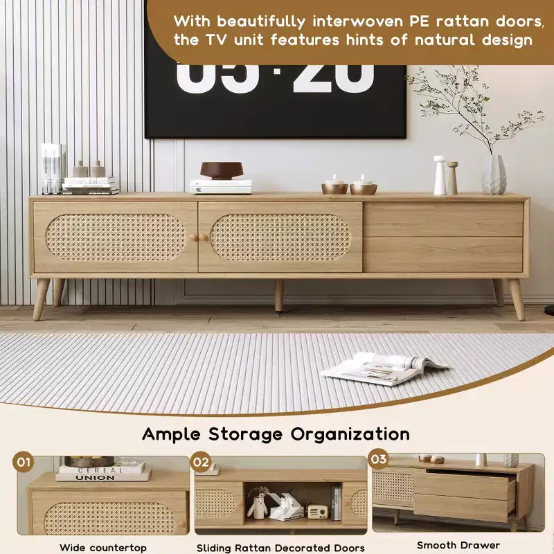 Mobile TV marrone in rattan in stile rustico per TV fino a 80", assemblaggio per 1 persona