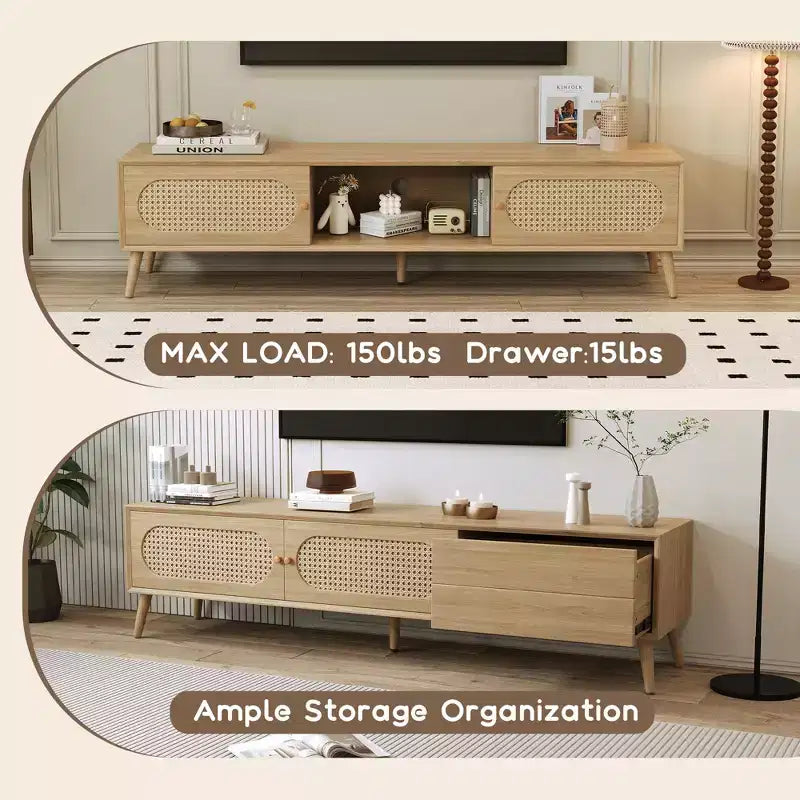 Mobile TV marrone in rattan in stile rustico per TV fino a 80", assemblaggio per 1 persona