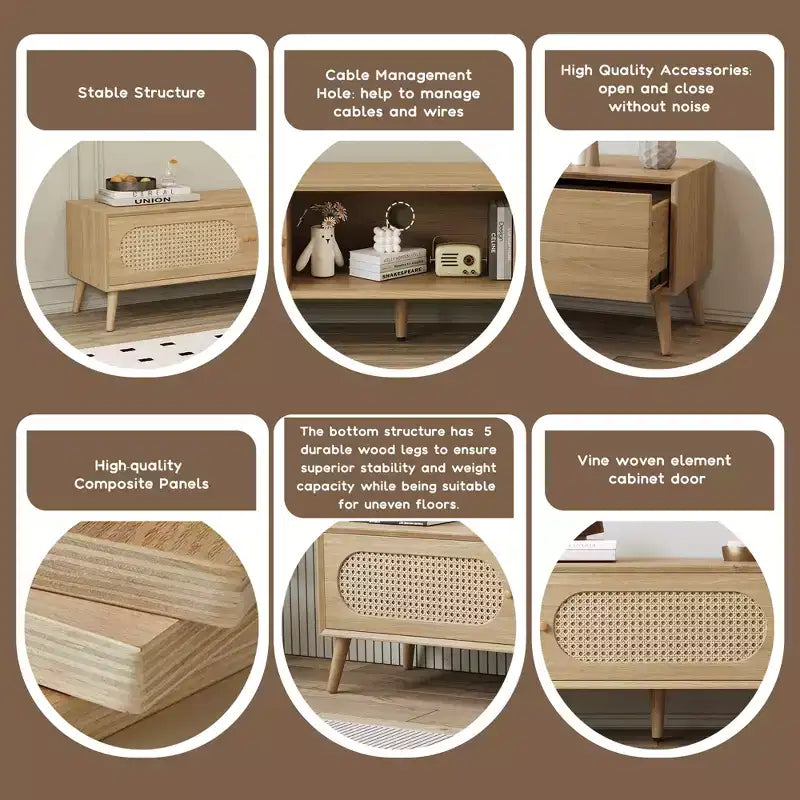 Mobile TV marrone in rattan in stile rustico per TV fino a 80", assemblaggio per 1 persona