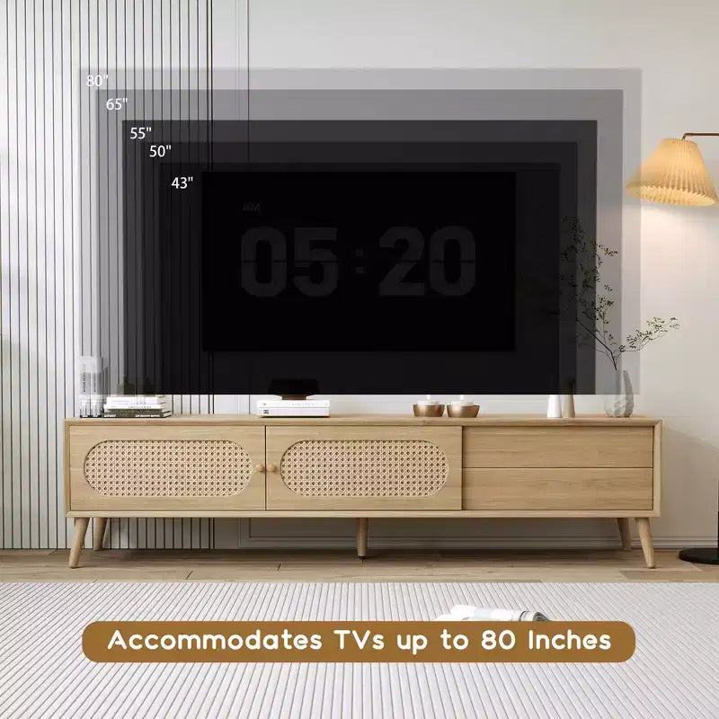 Mobile TV marrone in rattan in stile rustico per TV fino a 80", assemblaggio per 1 persona