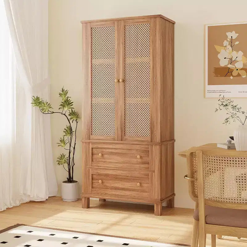 64 Tall Pantry Cabinet, Rattan Doors, 2 Drawers, Adjustable Shelves, Anti-Tip Design, Hard Wood, Walnut Finish for Kitchen, Dining, Living Room