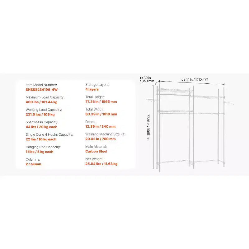 Scaffale a 4 ripiani, regolabile, da posizionare sopra lavatrice e asciugatrice, con asta appendiabiti e ganci, di colore bianco, unità singola