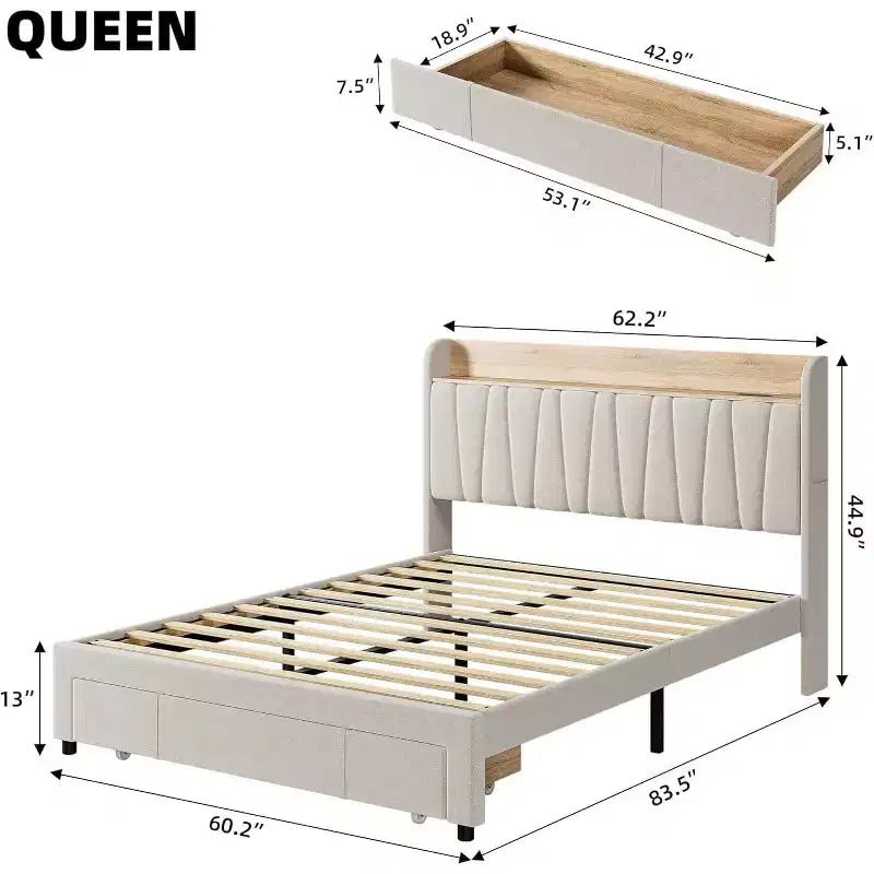Letto a piattaforma imbottito grigio/beige con testiera contenitore, cassetti e stazione di ricarica, Queen