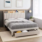 Letto a piattaforma imbottito grigio/beige con testiera contenitore, cassetti e stazione di ricarica, Queen