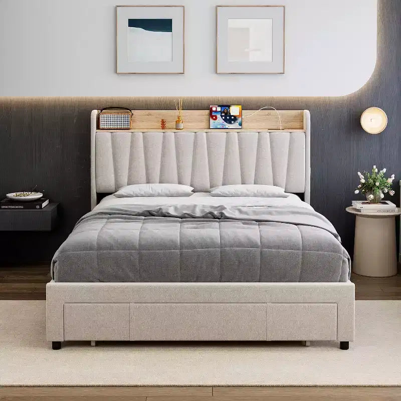 Letto a piattaforma imbottito grigio/beige con testiera contenitore, cassetti e stazione di ricarica, Queen