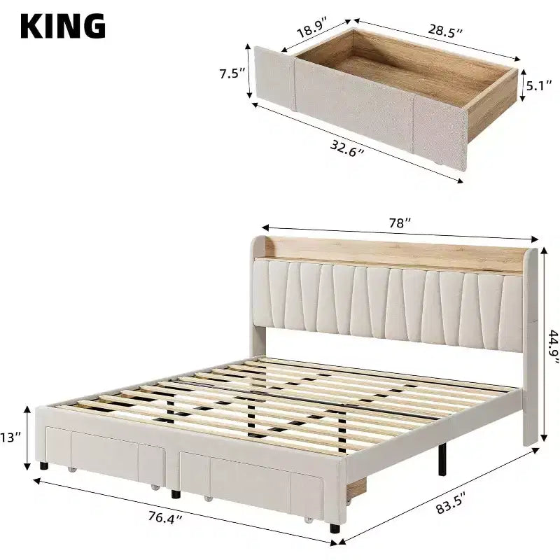 Letto a piattaforma imbottito grigio/beige con testiera contenitore, cassetti e stazione di ricarica, Queen